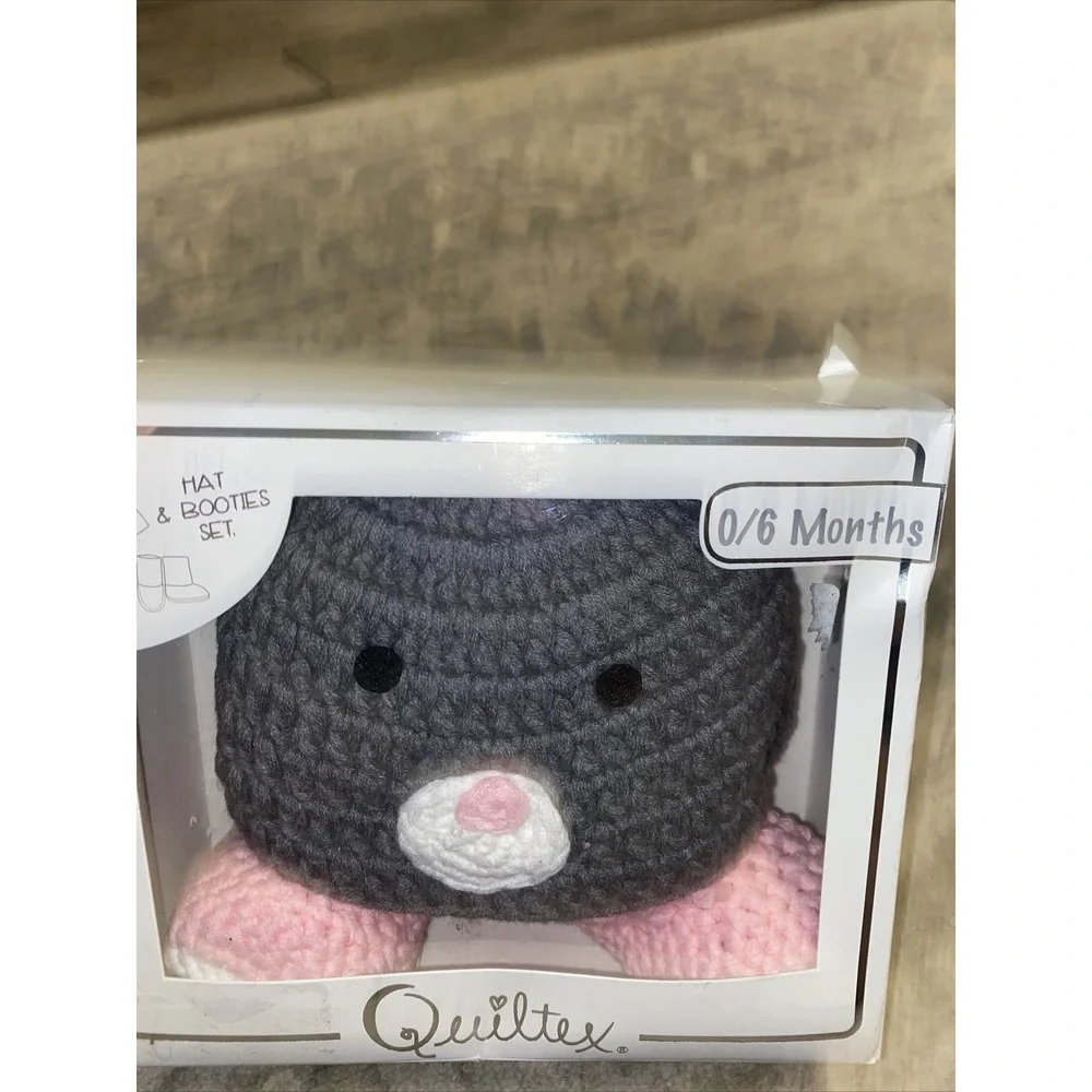 New‎ Quiltex Baby Hat Bootie Set 0-6 Months Bear Gray Pink White 0-6 M